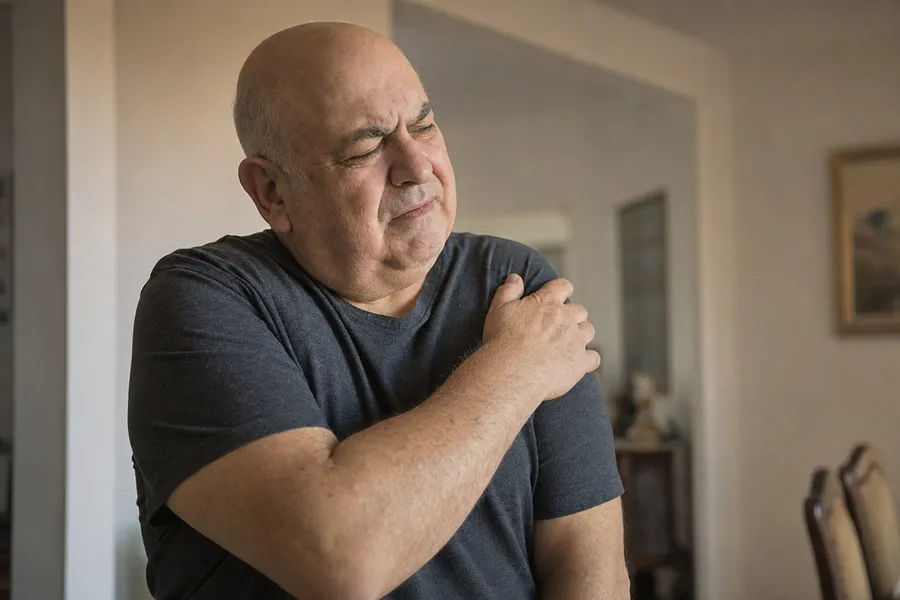 גבר מבוגר אוחז בכתף כואבת מדלקת גידים